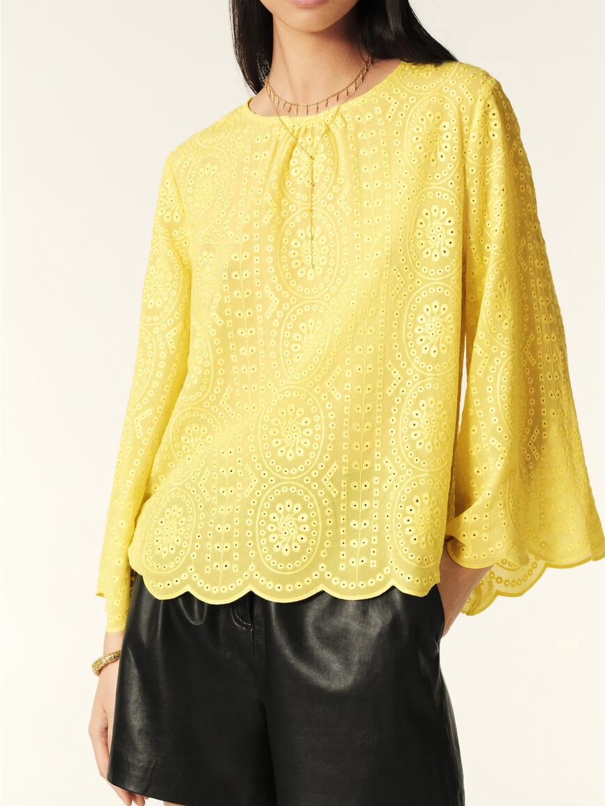 Ba&Sh Yellow Eyelet Scallop Hem Blouse